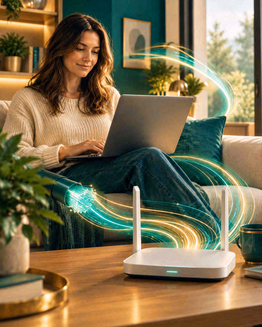 Persona con portátil en el sofá junto a un router de fibra en casa