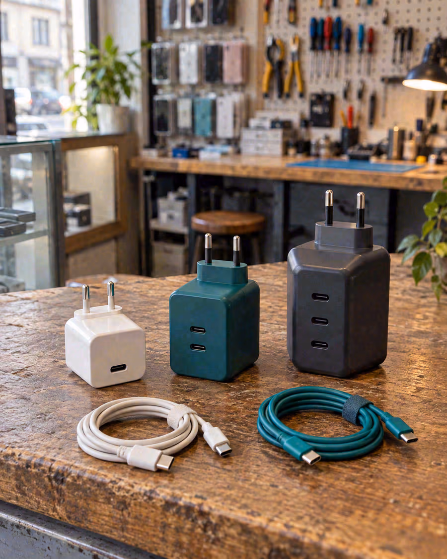 Tres cargadores USB-C de distintos tamaños expuestos sobre el mostrador de una tienda de tecnología.