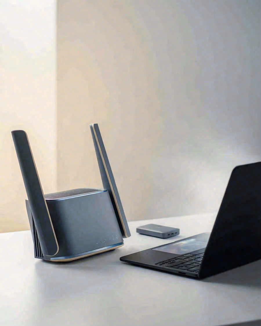 Router WiFi colocado en alto sobre una estantería del salón