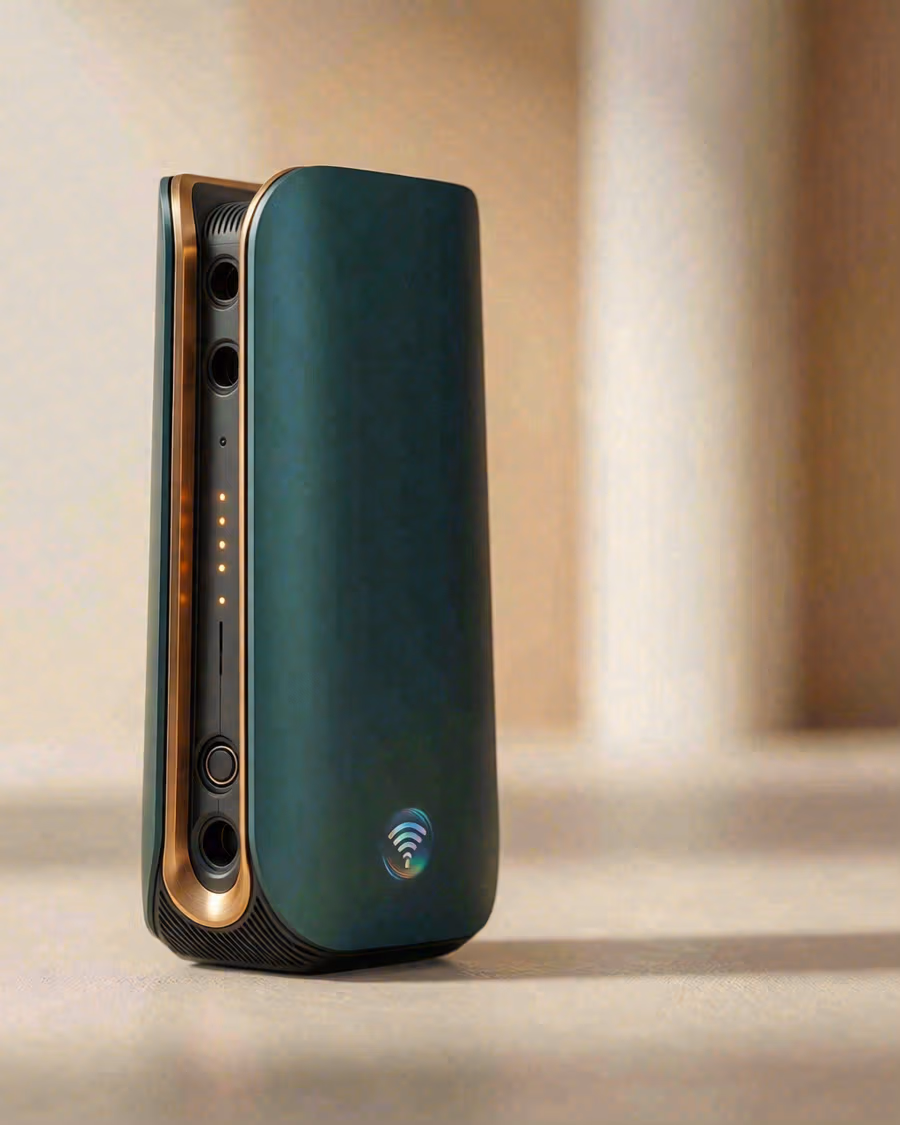 Router WiFi con antenas sobre un mueble del salón