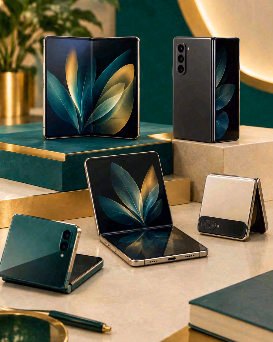 Móvil plegable tipo libro medio abierto sobre una mesa