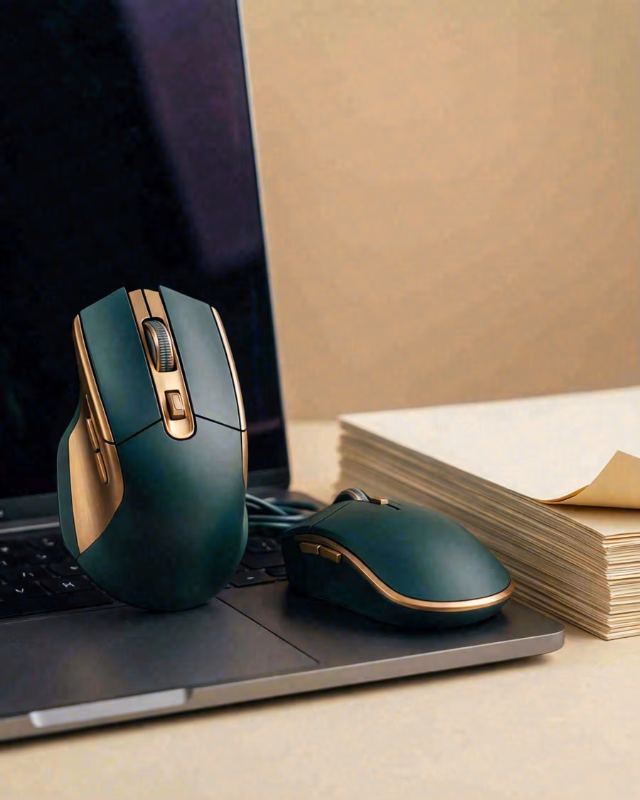 Ratón inalámbrico junto a un teclado en una mesa de trabajo