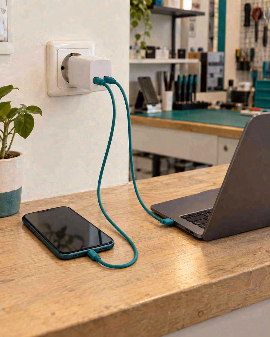 Cargador USB-C conectado simultáneamente a un teléfono móvil y un ordenador portátil.