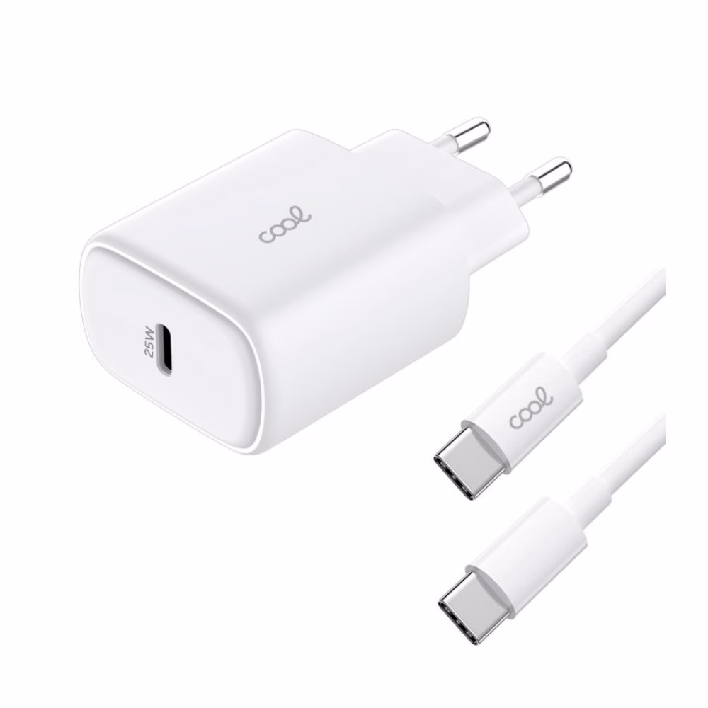 Cargador Red Universal Fast Adapt. (PD) Tipo-C COOL (25W) Blanco + Cable Tipo-C a Tipo-C